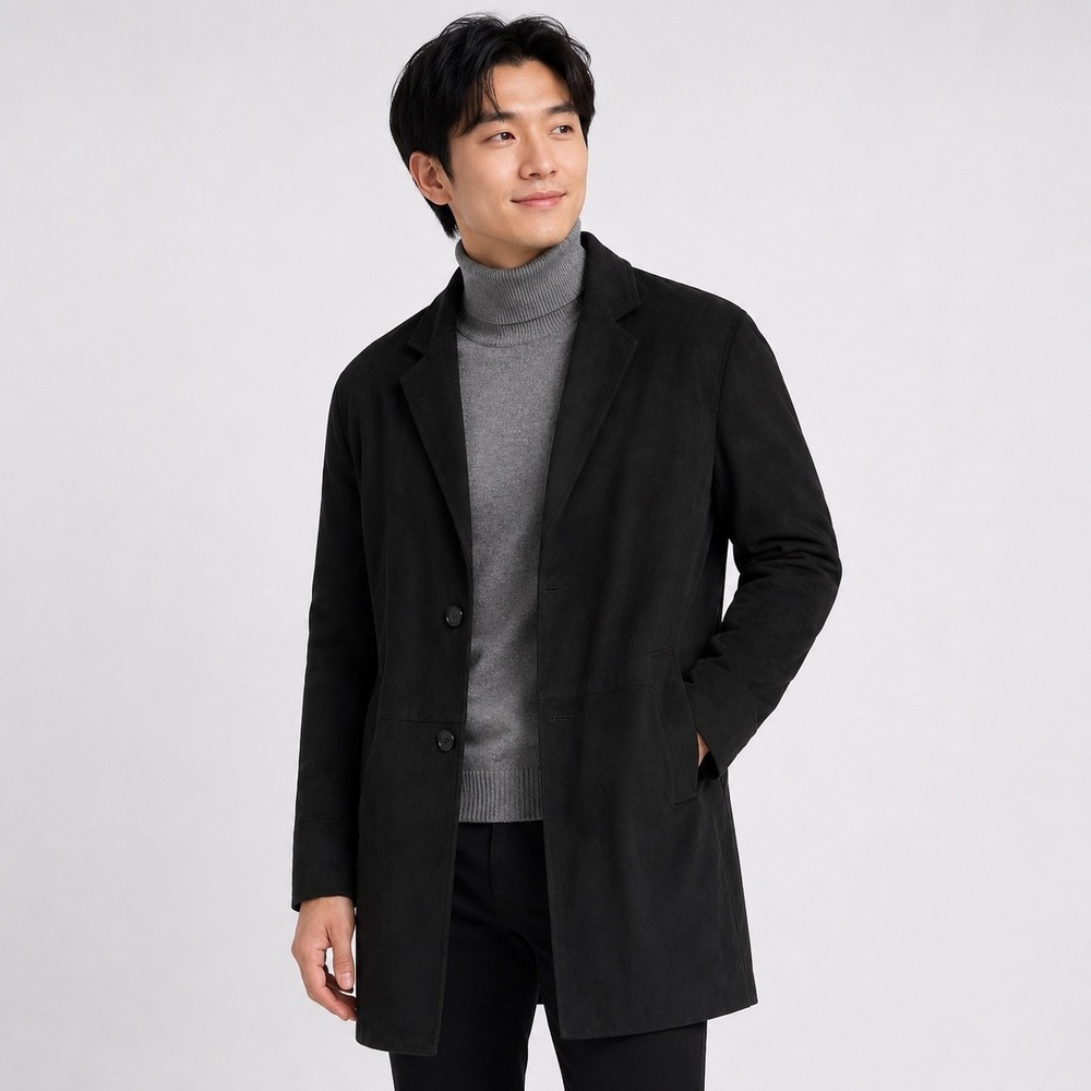 Zara Man Streetwear Luxe Black Faux Suede Chester Overcoat Mid Length Car Coat